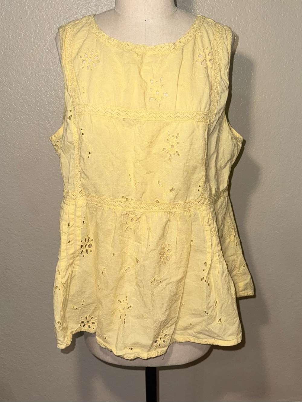 Melissa Paige XL Yellow Eyelet Embroidered Cotton Peplum Blouse Boho